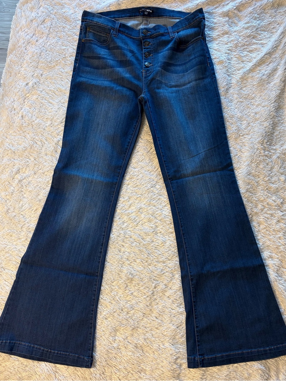 Fashion Nova Dark Blue High-Rise Button-Fly Flare Jeans